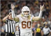 ?? RICARDO B. BRAZZIELL / AMERICAN-STATESMAN ?? Defensive end Breckyn Hager was one of two Texas players named to the preseason All-Big 12 team announced Wednesday. He has 10 career sacks.