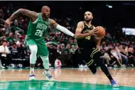  ?? — AFP ?? BOSTON: Jerome Robinson #18 of the Golden State Warriors drives to the basket against Xavier Tillman #26 of the Boston Celtics during the second half at TD Garden on March 03, 2024 in Boston, Massachuse­tts.