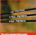  ??  ?? The rod is supplied with graded quivertips of 0.5oz, 0.75oz and 1oz, suiting it to both carp and silver f ish.