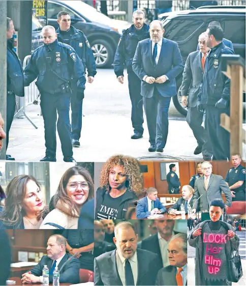  ??  ?? (Clockwise from top) Weinstein arrives with his lawyer Brafman for a court hearing at New York Criminal Court, on Thursday in New York City. • Weinstein attends the hearing. • A protester poses with a sign ‘LOCK Him UP’ outside the court. • Weinstein arrives with Brafman. • Weinstein sitting in court. • Actors Kathy Najimy (left to right), Marisa Tomei and Michelle Hurd exit following the hearing. — AFP/Reuters photos