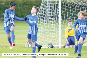  ??  ?? Aaron Chungh (left) celebrates scoring after just 30 seconds for NCEA