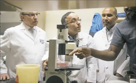  ??  ?? Mignane Ka, right, a post-doctoral researcher, points out something Thursday to researcher­s, from left, Stanley Marks, chairman of the UPMC Cancer Center; Hassane Zarour; and Diwakar Davar at the Hillman Cancer Center in Shadyside.