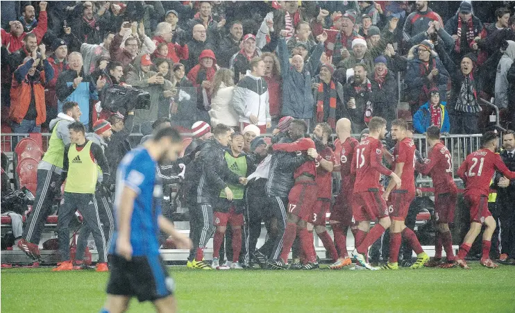  ?? — PETER J. THOMPSON ?? Toronto FC’s exciting victory Wednesday over Montreal Impact at the BMO field in Toronto is being hailed as possibly the greatest MLS playoff series ever. Around one million TV viewers were reported for leg one; leg two might have topped that.