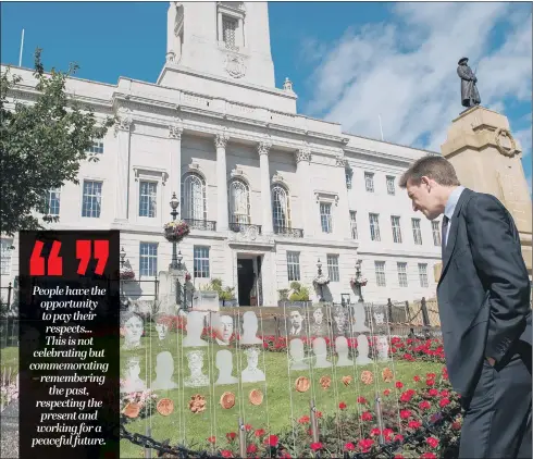  ??  ?? Dan Jarvis at the tribute outside Barnsley Town Hall to local soldiers who died during the First World War.