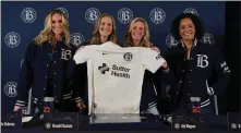  ?? PHOTO COURTESY OF BAY FC ?? Bay FC's founders, from left to right, Leslie Osborne, Brandi Chastain, Aly Wagner and Danielle Slaton, display the club's inaugural kit at the team's media day Jan. 22. Bay FC opens Sunday at Angel City FC.