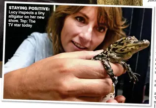  ??  ?? STAYING POSITIVE: Lucy inspects a tiny alligator on her new show. Top: The TV star today