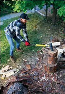  ??  ?? photos Mountain biker Evan Guthrie gets into seasonal activities around his cabin, such as preparing firewood for winter. It’s practical work that also has on-bike benefits. He’ll build core strength that will serve him on technical trails.