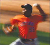  ?? Getty Images/tns ?? Framber Valdez of the Houston Astros pitches against the Oakland Athletics during the seventh inning in Game 2 of the American League Division Series at Dodger Stadium.