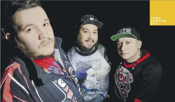  ??  ?? Tim Hill, left, Bear Witness and Ian Campeau of A Tribe Called Red are nominated for three Juno Awards and will perform at Sunday’s awards ceremony in Ottawa.