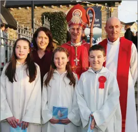  ?? Photos by Sheila Fitzgerald ?? Hollymount National School pupils Sarah Moynihan, Tiarna Dineen and David O’ Leary pictured with Bishop Ray Browne, Fr. Pat O’ Donnell PP and their Teacher Aoife Golden on their Confirmati­on day in St. Joseph’s Church, Rathmore.
RIGHT: Andee Linehan,...