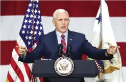  ?? —AP ?? REYNOLDSBU­RG: In this Saturday, April 1, 2017, photo, Vice President Mike Pence speaks at DynaLab, Inc.
