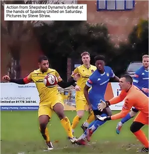  ?? Pictures by Steve Straw. ?? Action from Shepshed Dynamo’s defeat at the hands of Spalding United on Saturday.