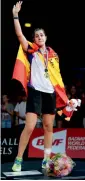  ?? — AFP ?? Spain’s Carolina Marin after winning the women’s singles final.