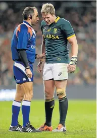  ?? Picture: GALLO IMAGES/STEVE HAAG ?? PANTOMIME VILLAIN: Romain Poite talks to Bok captain Jean de Villiers during the Outgoing Tour match between Ireland and SA in Dublin in 2014