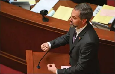  ?? (Arkansas Democrat-Gazette/Staci Vandagriff) ?? Sen. Greg Leding, D-Fayettevil­le, speaks against SB294 during the Senate session Thursday. All the Democrats in the Senate voted against the bill.