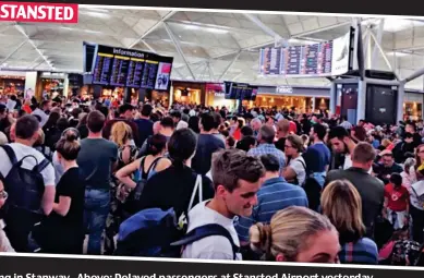  ?? ?? Devastated: A home hit by lightning in Stanway. Above: Delayed passengers at Stansted Airport yesterday