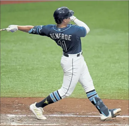  ?? AP FILE ?? Hunter Renfroe takes a swing during a game last season. He should figure into the Red Sox outfield plans this season.