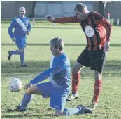  ??  ?? Plains Farm Alldec (red/ black) battle Newcastle East End in the Over-40s a fortnight ago.