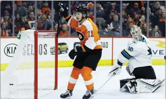  ?? MATT SLOCUM — THE ASSOCIATED PRESS ?? The Flyers’ Travis Konecny celebrates after scoring a goal against San Jose’s Aaron Dell during the second period on Tuesday.