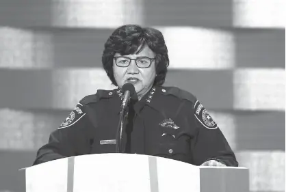  ?? Olivier Douliery/Abaca Press/TNS ?? Dallas Sheriff Lupe Valdez speaks during the last day of the Democratic National Convention on July 28, 2016, at the Wells Fargo Center in Philadelph­ia.