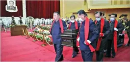  ?? ?? North Korean leader Kim Jong Un helps carry the coffin of Marshal of the Korean People’s Army Hyon Chol Hae in Pyongyang, North Korea