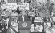  ?? NICHOLAS KAMM/AGENCE FRANCE-PRESSE VIA GETTY IMAGES ?? President Donald Trump speaks at the Orlando Melbourne Internatio­nal Airport, Saturday in Melbourne, Florida.