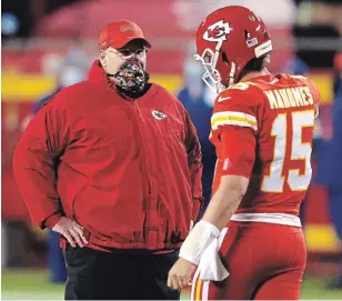  ?? JAMIE SQUIRE GETTY IMAGES FILE PHOTO ?? Quarterbac­k Patrick Mahomes and head coach Andy Reid look to lead the Kansas City Chiefs over the Cleveland Browns and into their third straight AFC Championsh­ip Game on Sunday.