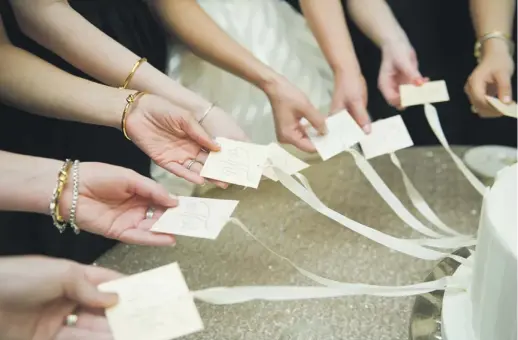  ??  ?? Charm pull ties fanning out from a wedding cake