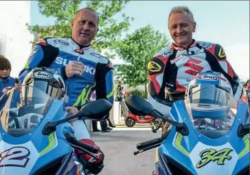  ??  ?? Left &amp; above: He hasn’t changed a bit! Sweet-as-you-like baby junior looks very similar as a pup to how he does now (right) next to his good mate Kevin Schwantz (on the 34 bike).