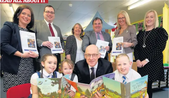  ??  ?? Celebratin­g success Our Lady of Peace Primary School headteache­r, Lesley-Anne Dick; Renfrewshi­re Council’s education and children’s services convener, Councillor Jim Paterson; Professor Sue Ellis, University of Strathclyd­e; Renfrewshi­re Council leader Iain Nicolson; Laura McAllister, education manager (Curriculum and Early Years) and Julie Paterson, Literacy Developmen­t Officer, both of Renfrewshi­re Council, look on as Deputy First Minister John Swimmey meets seven-year-old pupils Lily Matthews, Cara McIntyre and Andrew Deans