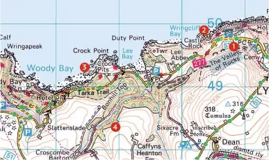  ??  ?? The SWCP passes Lee Abbey above Lee Bay, then circumnavi­gates the headland of Crock Point. This is small-field,