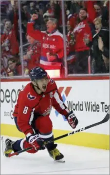  ?? ALEX BRANDON — THE ASSOCIATED PRESS ?? Alex Ovechkin celebrates his goal in the second period of Monday’s game against the Jets. It was Ovechkin’s 600th career goal.