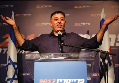  ?? (Amir Cohen/Reuters) ?? NEWLY ELECTED Labor Party and Zionist Union head Avi Gabbay delivers a victory speech last year.