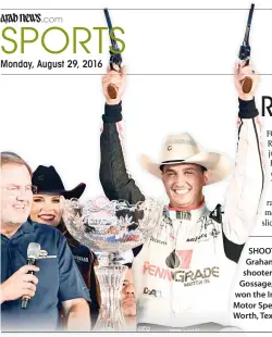  ??  ?? SHOOTERS CELEBRATIO­N: Graham Rahal celebrates with six shooters as track president Eddie Gossage, left, watches after Rahal won the IndyCar auto race at Texas Motor Speedway Saturday in Fort Worth, Texas. (AP)