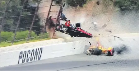  ?? TWITTER ?? Frame grabs from the telecast of the IndyCar race at Pocono Raceway, where Canadian driver Robert Wickens’ car crashed hard into fencing. Wickens was airlifted to hospital and faced spinal surgery Monday night.