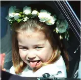  ??  ?? Clockwise from right: Prince George wears a tiny version of his uncle’s uniform, replete with ruffles and embroidere­d epaulettes. Prince Harry is Captain of the Blues and Royals, his highest military rank. A cheerful Princess Charlotte pokes out her tongue and treats us to a celebrator­y dance move on the chapel steps.