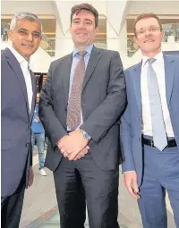  ??  ?? ●●Greater Manchester mayor Andy Burnham (centre) with fellow mayors Sadiq Khan of London and Andy Street of the West Midlands