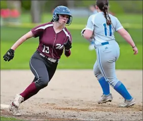  ?? Theday.com SARAH GORDON/THE DAY ?? Wheeler’s Isabella Deledda rounds third base during an ECC Division IV softball game against Putnam on Wednesday in North Stonington. Wheeler won 14-1 in five innings. Please go to to view a photo gallery from the game.