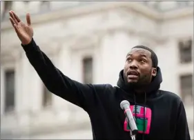  ?? AP Photo/MAtt RouRke ?? In this April 2 file photo, recording artist Meek Mill speaks at a gathering to push for drastic changes to Pennsylvan­ia’s probation system, in Philadelph­ia.