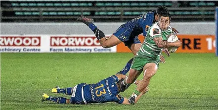  ?? WARWICK SMITH/STUFF ?? Rob Thompson featured in all three tries for the Manawatu¯ Turbos, but they were overwhelme­d by Otago in the second half, thanks to an error-ridden display by the home team.