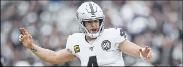  ?? Kelvin Kuo The Associated Press ?? Derek Carr will start at quarterbac­k for the Raiders this season, backed up by Marcus Mariota. But could RB Lynn Bowden, who played QB at Kentucky last season, be in the mix?