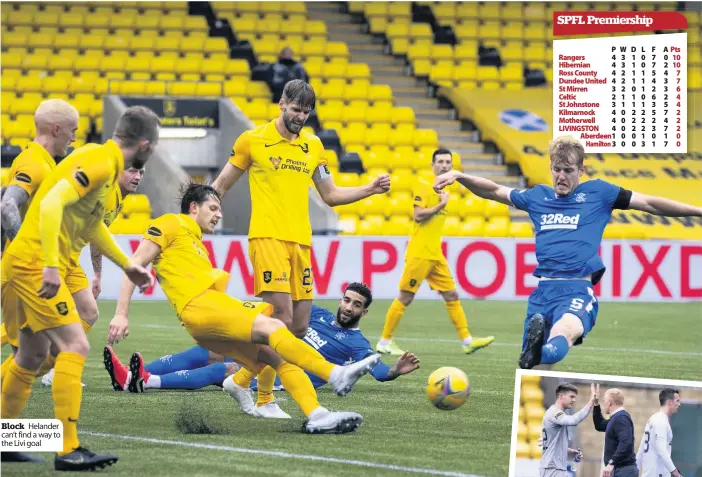  ??  ?? Block Helander can’t find a way to the Livi goal