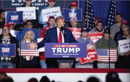  ?? SCOTT EISEN — GETTY IMAGES ?? Republican presidenti­al candidate, former President Donald Trump speaks during a campaign event at the Whittemore Center Arena on Saturday in Durham, New Hampshire.