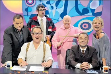  ??  ?? MUCH-LOVED: Vic and Bob with Shooting Stars quiz captains Jack Dee and Ulrika Johnson plus comedy regulars Dan Skinner as Angelos Epithemiou and Matt Lucas as scorer George Dawes