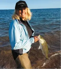  ?? PHOTO COURTOISIE ?? La pêche du bar rayé peut se pratiquer à partir de la côte, comme l’a fait Sylvie Bourget, de Québec.