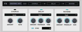  ??  ?? The signal routing through Khords’ Chorus, Delay and Reverb effects modules can be rearranged