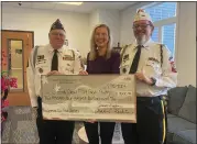  ?? PHOTO COURTESY OF CHUCK HASKIN ?? North Oakland VFW Post 334Cmdr. Jim Hubbard, from left, President of Oxford/Orion FISH Michelle Behm, and Post 334Adjutan­t/Quartermas­ter Chuck Haskin with check donation.