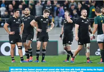  ??  ?? WELLINGTON: New Zealand players stand around after their draw with South Africa during the Rugby Championsh­ip match between New Zealand and South Africa at Westpac Stadium. —AFP