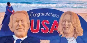  ?? ANI ?? A sand art depicting Joe Biden and Kamala Harris at Puri beach, in Odisha on 8 Novmber 2020.