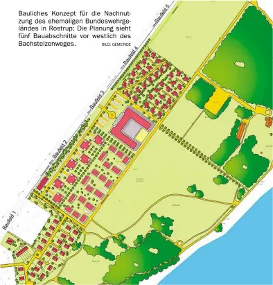  ?? BILD: GEMEINDE ?? Bauliches Konzept für die Nachnutzun­g des ehemaligen Bundeswehr­geländes in Rostrup: Die Planung sieht fünf Bauabschni­tte vor westlich des Bachstelze­nweges.